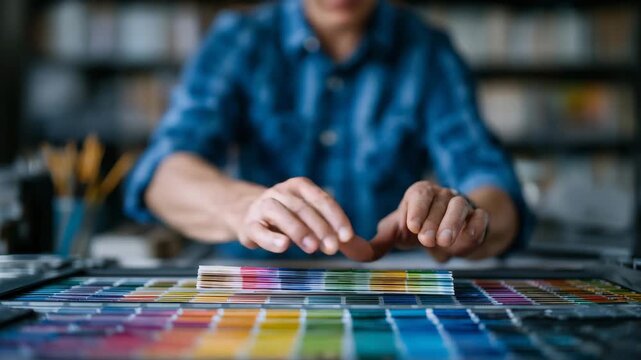 347Close-up of person holding multiple color samples over print layout, focus on hand and swatches, blurred background of design studio tools, creative workspace banner concept