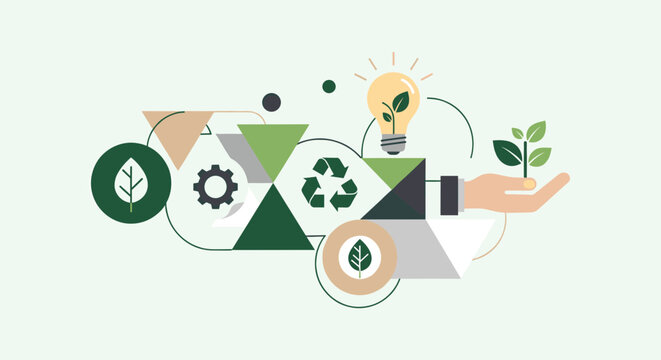 Sustainable Development and Green Energy Icons with Geometric Shapes