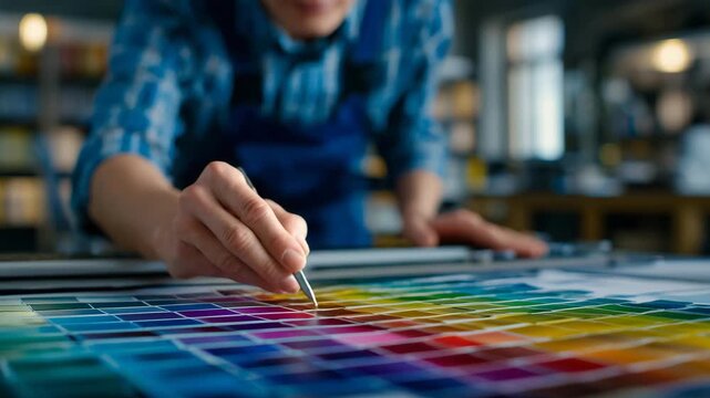 354Angled close-up of vibrant color swatches, sketch plan beneath, person pointing to chosen shade, art direction and printing office environment, workspace creativity highlighted