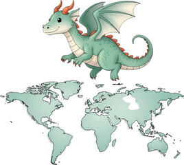 Obraz premium green dragon flying over world map.