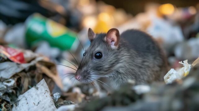 366Extreme close-up of rat nibbling scraps in trash, torn paper, cans, and leftover food visible, urban alley setting, pest problem and hygiene hazard highlighted