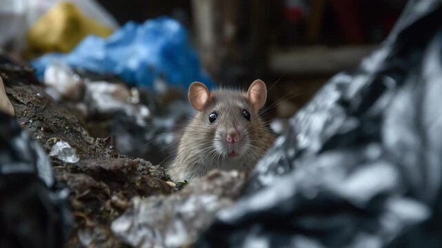 367Low-angle wide close-up of rat navigating through garbage, black bags and debris forming uneven pile, wet pavement and urban walls visible, realistic rodent and city sanitation dep
