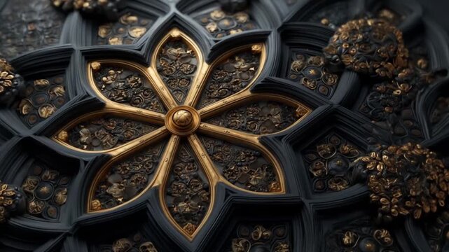 Close up of ornate floral pattern in gold and dark gray tones