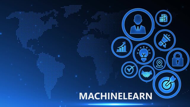 Futuristic AI machine learning digital face with cybersecurity icons hologram technology innovation blue neon glow