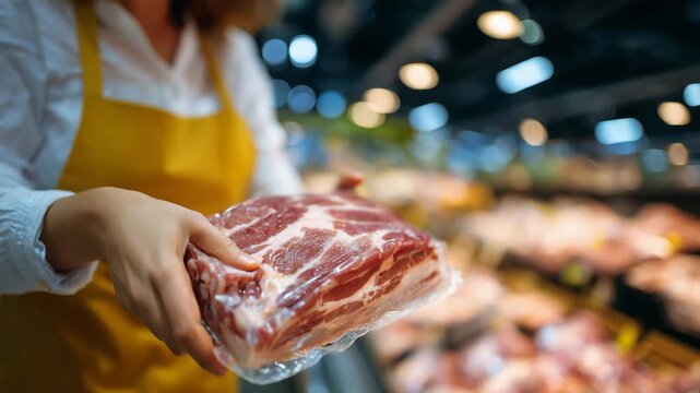 380Close-up of customer examining deli ham label, hands holding vacuum-packed sliced pork, supermarket shelves with fresh meat in background, food shopping and quality selection empha