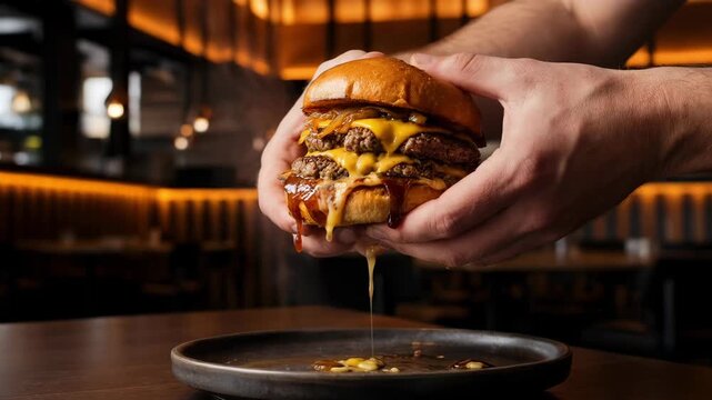 Hands holding juicy burger being squeezed slow motion fast food commercial close up melting cheese advertisement background copy space restaurant