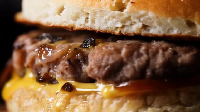 Hands holding juicy burger being squeezed slow motion fast food commercial close up melting cheese advertisement background copy space restaurant
