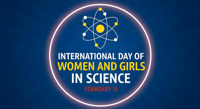 International day of women and girls in science logo with an atom and a circle