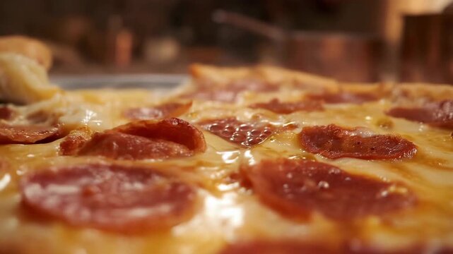 Pizza slice cheese pull slow motion fast food commercial close up pepperoni mozzarella italian restaurant advertisement background copy space
