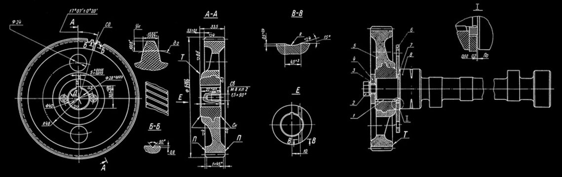 Truck shaft with holes, round flywheel, teeth.
Engineering automotive assembly mechanical drawing of steel 
device on paper sheet. Industrial machined cad scheme.  Technology design.