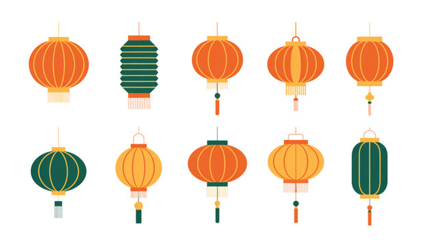Chinese New Year Paper Lantern Decoration Set Flat Vector Collection