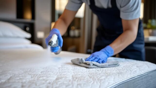 393Wide close-up of mattress surface being treated with hot steam, hands in gloves pressing extractor, clean white mattress texture visible, commercial cleaning and hygiene emphasized