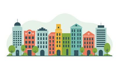 Obraz premium Modern Urban Cityscape with Green Trees and Buildings Flat Vector Illustration