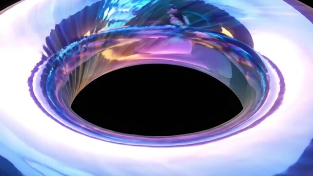 Iridescent torus with a reflective surface, floating against a dark background.