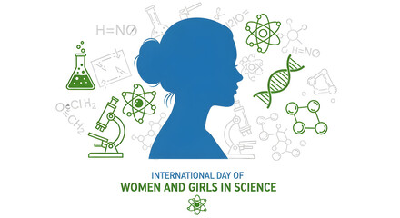 International day of women and girls in science logo with blue silhouette on white background