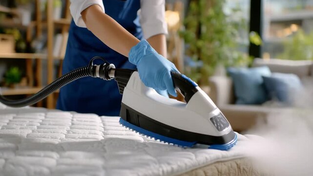 404Close-up of steam extractor nozzle gliding over mattress edge, side view of bedroom furniture in background, employee&rsquo;s gloved hands controlling device, focus on hygiene and cleanl