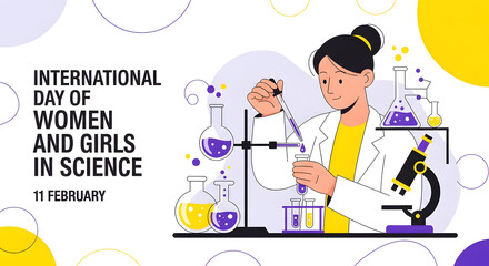 International day of women and girls in science illustration with a woman in a lab coat working with a pipette and microscope isolated on white background