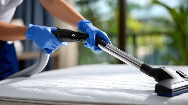 410Side-angle wide close-up of mattress cleaning process, vacuum extractor and gloved hands in focus, white mattress texture highlighted, commercial hygiene and regular cleanup concep