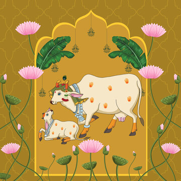 PICHWAI COW AND LOTUS KAMDHENU STYLE WALLPAPAER