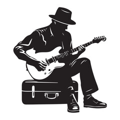 Obraz premium a black silhouette of a man playing an instrument black, guitar, instrument, man, play, silhouette, sit , Generative art. 