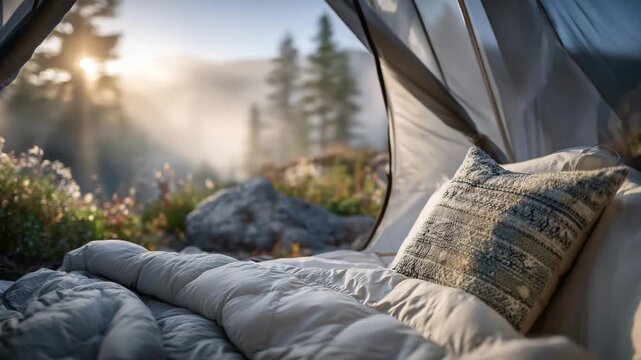 Close-up of cozy sleeping bags inside a tent, soft fabrics illuminated by morning light, misty forest visible through open tent flap, warm camping atmosphere