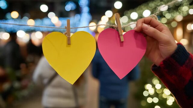 Close-up of couple placing heart-shaped sticky notes on a wall, soft-focus romantic indoor setting