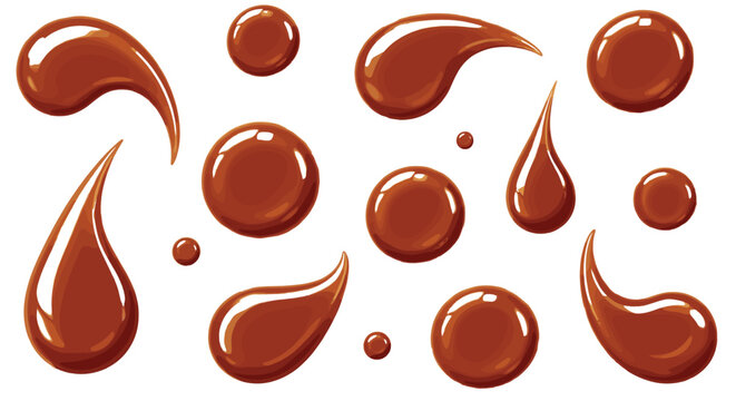 Chocolate Sauce Drip and Drop Icon Set with Glossy Liquid Splashes for Dessert and Food Design