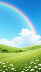 Vibrant rainbow arcs over lush green hills, dotted with wildflowers under clear blue sky. scene evokes sense of peace and natural beauty