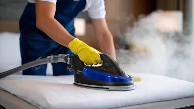 Close-up of employee hands in protective gloves using a steam extractor on a white mattress, steam rising as dirt is removed, side view of a modern bedroom, commercial cleaning ser