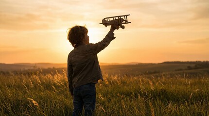 Obraz premium Child playing with toy airplane at sunset in open field. Joyful moment captures imagination and freedom. Ideal image for children's products or outdoor adventures.