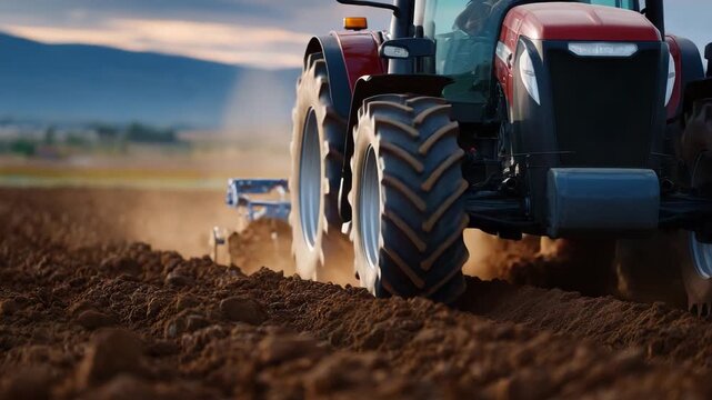 Close-up of front and rear tractor tires on dry farmland, plow digging deep into soil, dust and earth flying, vast rural field and horizon visible