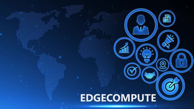 Blue Global Network Background with Animated World Map and Data Icons for Edge Computing and IoT Technology Solutions.