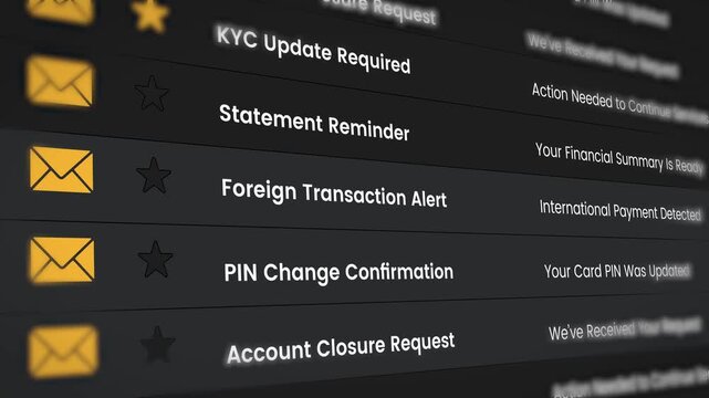 Email inbox with financial and kyc updates moving in 4k animation