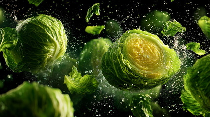 Close-up exploding cabbage in slow motion, water particles shimmering like diamonds, dark dramatic background