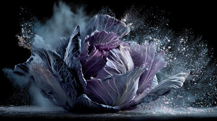 Close-up exploding cabbage in slow motion, water particles shimmering like diamonds, dark dramatic background