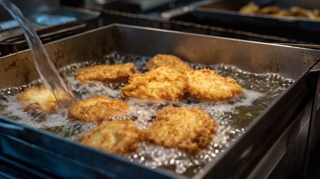 Close-up of nuggets frying alongside potatoes in hot oil, bubbles rapidly forming, clean fryer surface, professional fast food kitchen, simultaneous frying process concept