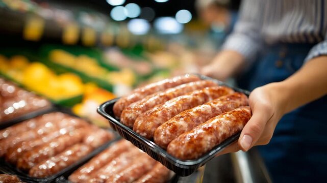 Close-up of packaged sausage links on sale, angled rows inside a supermarket cooler, woman&rsquo;s hand holding ground sausage in focus, clean retail food storage and consumer choice sce