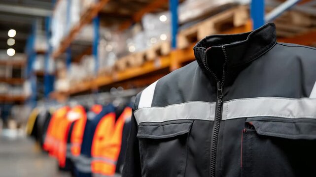 Close-up of textile details on workwear clothing, thick fabric, zippers, pockets, and reflective strips visible, colorful jackets hanging in a row inside a safety gear store