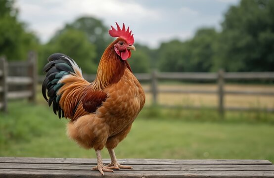Majestic rooster stands on weathered wooden planks. Bird shows vibrant plumage with rich brown, red feathers. Background features green grass, trees, wooden fence under overcast sky. Proud cock poses