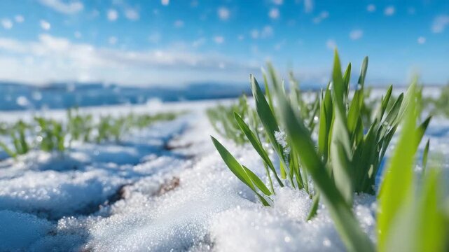 Close-up of wheat seedlings visible beneath snow, snow layer thin enough to see vibrant shoots, morning frost sparkling on leaves, winter field and growth theme