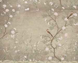 Chinoiserie Flower, Birds and Vines background Wallpaper