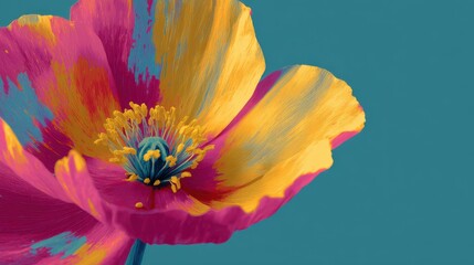 Colorful floral blossom with textured brushstrokes on a teal background