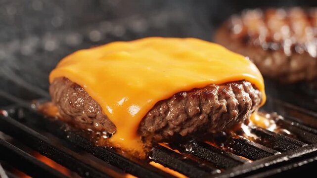 Juicy cheeseburger sizzling on hot grill with melted cheese