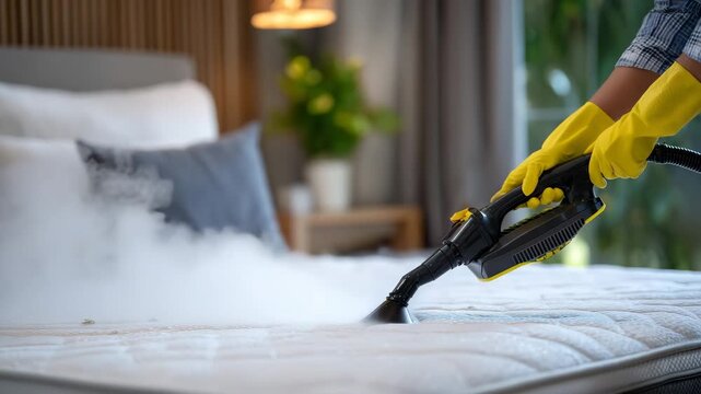 Detail shot of hot steam cleaning mattress fibers, hands in protective gloves operating extractor, side view of modern bedroom with clean white bedding, professional mattress sanit