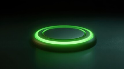 Futuristic green neon podium on a dark background for product showcase