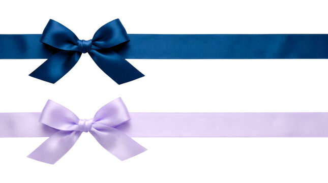 Two satin gift ribbons with bows in blue and lavender purple isolated PNG with Transparent Background