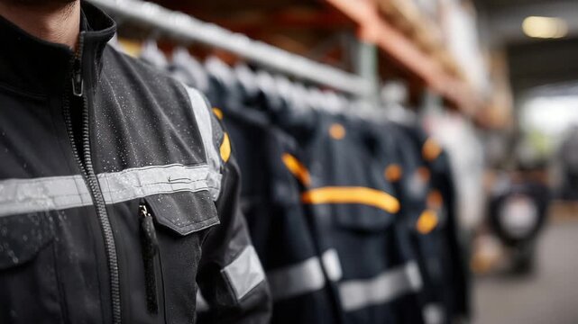 Detail-focused shot of zippers, pockets, and reflective bands, heavy-duty work jackets hanging in a row, emphasis on functionality and safety features