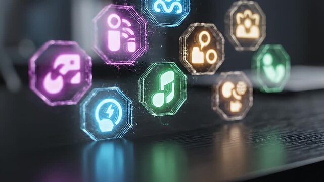 Digital Data and App Icons Floating in Space.