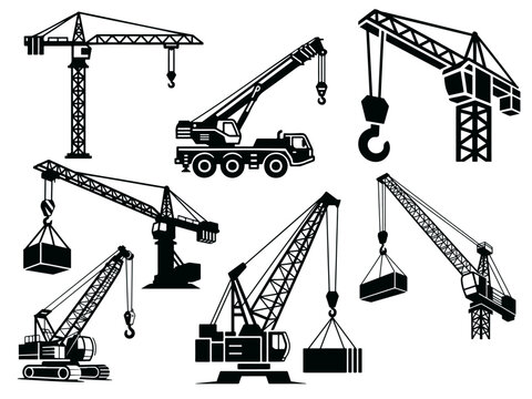 Set of various construction crane black silhouette icons illustrations
