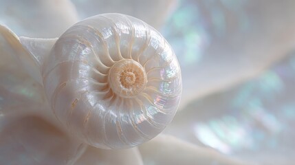  Close-up of a Shimmering Iridescent Spiral Seashell